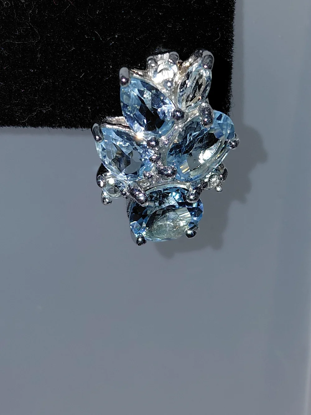 Blue Aquamarine SS 925 Cluster Halo Pierced Earrings